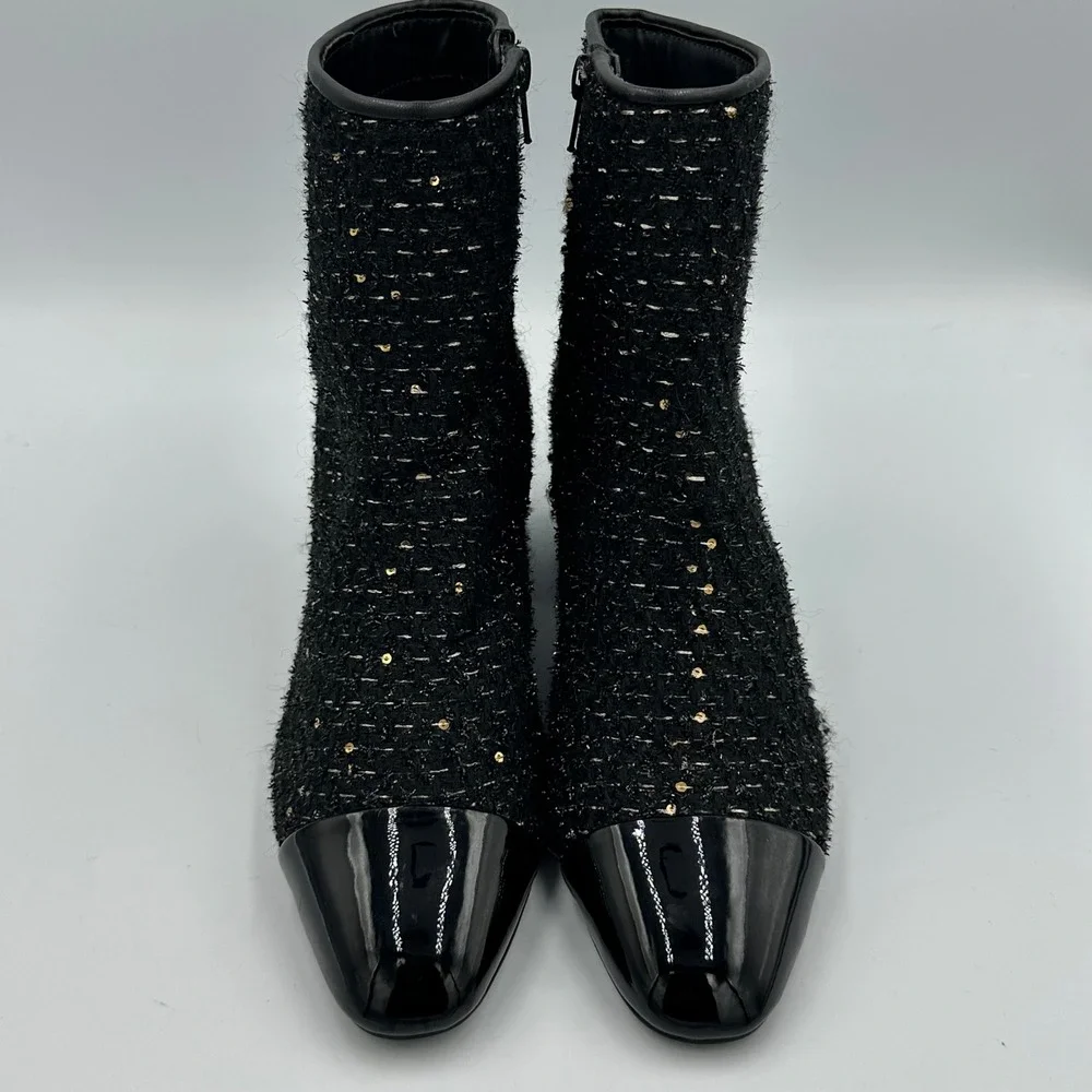 Steve Madden Eiffel Tweed Ankle Boots 7.5 Black Gold Sequin Cap Toe Block Heel